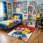 Pokémon Ash & Pikachu Poké Ball Area Rug - Iconic Best Friends Design, Modern Anime Bedroom & Gaming Room Decor, Soft Non-Slip Floor Mat