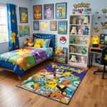 Pokémon Ultimate Generations Area Rug - Ash, Pikachu & Multi-Region Starter Collage, Modern Anime Bedroom Decor, Soft Non-Slip Floor Mat