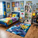 Pokémon Ash & Squad Industrial Area Rug - Diamond Plate Texture Design, Pikachu & Legendary Friends, Modern Gaming Room Floor Decor