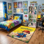 Pokémon Ash & Pikachu "Best Friends" Area Rug - Vibrant Yellow Portrait Design, Modern Anime Bedroom & Gaming Room Decor, Non-Slip Floor Mat