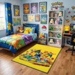 Pokémon Ash & Kanto Squad Area Rug - Classic Pikachu & Starters Design, Vibrant Yellow Bedroom & Gaming Room Decor, Soft Non-Slip Floor Mat