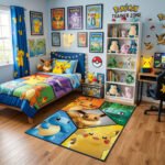 Pokémon Kanto Starters & Eevee Geometric Area Rug - Pikachu & Squad Panel Design, Modern Bedroom & Gaming Room Decor, Soft Non-Slip Floor Mat
