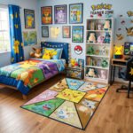 Pokémon Legendary Friends Mosaic Area Rug - Pikachu, Mew, Eevee & Kanto Starters Geometric Design, Modern Bedroom & Gaming Room Decor