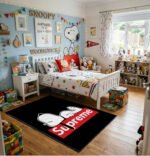 Snoopy Doghouse Area Rug - Peanuts Cartoon Theme, Woodstock & S Logo, Non-Slip Soft Mat for Child's Bedroom & Playroom, Yellow & Blue Decor - Image 2