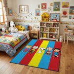 Snoopy & Friends Vibrant Striped Area Rug - Charlie Brown, Lucy & Peanuts Gang Design, Colorful Modern Bedroom & Playroom Floor Decor