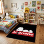 Snoopy Doghouse Area Rug - Peanuts Cartoon Theme, Woodstock & S Logo, Non-Slip Soft Mat for Child's Bedroom & Playroom, Yellow & Blue Decor