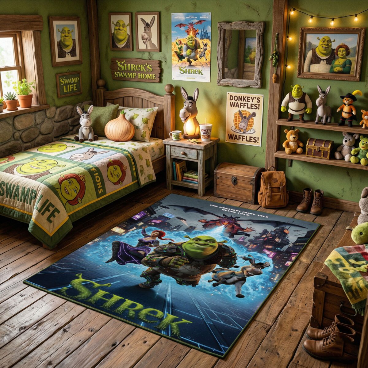 Shrek Cyberpunk Futuristic Area Rug - Neon Sci-Fi Fairy Tale Design, Modern Gamer Bedroom & Playroom Decor, Soft Non-Slip Floor Mat - Image 3