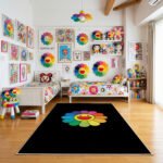 Murakami-Inspired Single Shaped Smiling Flower Area Rug - Black Center, Multicolor Petals, Modern Collector & Hypebeast Den Floor Decor, Soft Mat