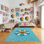 Takashi Murakami Inspired Single Smiling Flower Black Area Rug - Vibrant Rainbow Petals, Modern Pop Art Bedroom Decor, Non-Slip Floor Mat