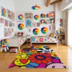 Takashi Murakami Inspired Grand Smiling Flower Collage Area Rug - Vibrant Superflat Pop Art, Modern Collector Bedroom & Living Room Floor Mat
