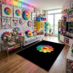 Murakami-Inspired Single Shaped Smiling Flower Area Rug - Black Center, Multicolor Petals, Modern Collector & Hypebeast Den Floor Decor, Soft Mat - Image 2