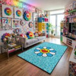 Takashi Murakami Inspired Single Smiling Flower Black Area Rug - Vibrant Rainbow Petals, Modern Pop Art Bedroom Decor, Non-Slip Floor Mat - Image 2