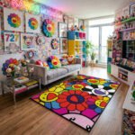 Takashi Murakami Inspired Grand Smiling Flower Collage Area Rug - Vibrant Superflat Pop Art, Modern Collector Bedroom & Living Room Floor Mat - Image 2