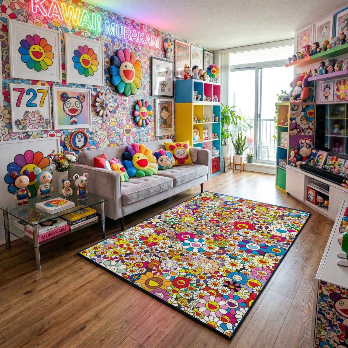 Takashi Murakami Inspired Micro Smiling Flower Area Rug - Dense Multicolor Superflat Pop Art, Modern Art Bedroom & Living Room Floor Mat - Image 2