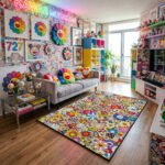 Takashi Murakami Inspired Micro Smiling Flower Area Rug - Dense Multicolor Superflat Pop Art, Modern Art Bedroom & Living Room Floor Mat - Image 2
