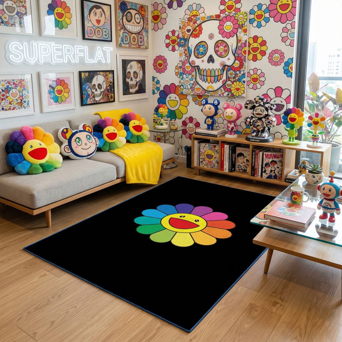 Murakami-Inspired Single Shaped Smiling Flower Area Rug - Black Center, Multicolor Petals, Modern Collector & Hypebeast Den Floor Decor, Soft Mat - Image 3