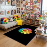 Murakami-Inspired Single Shaped Smiling Flower Area Rug - Black Center, Multicolor Petals, Modern Collector & Hypebeast Den Floor Decor, Soft Mat - Image 3