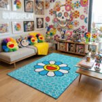 Takashi Murakami Inspired Single Smiling Flower Black Area Rug - Vibrant Rainbow Petals, Modern Pop Art Bedroom Decor, Non-Slip Floor Mat - Image 3