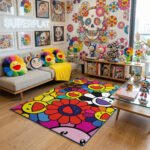 Takashi Murakami Inspired Grand Smiling Flower Collage Area Rug - Vibrant Superflat Pop Art, Modern Collector Bedroom & Living Room Floor Mat - Image 3
