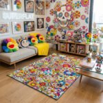Takashi Murakami Inspired Micro Smiling Flower Area Rug - Dense Multicolor Superflat Pop Art, Modern Art Bedroom & Living Room Floor Mat - Image 3