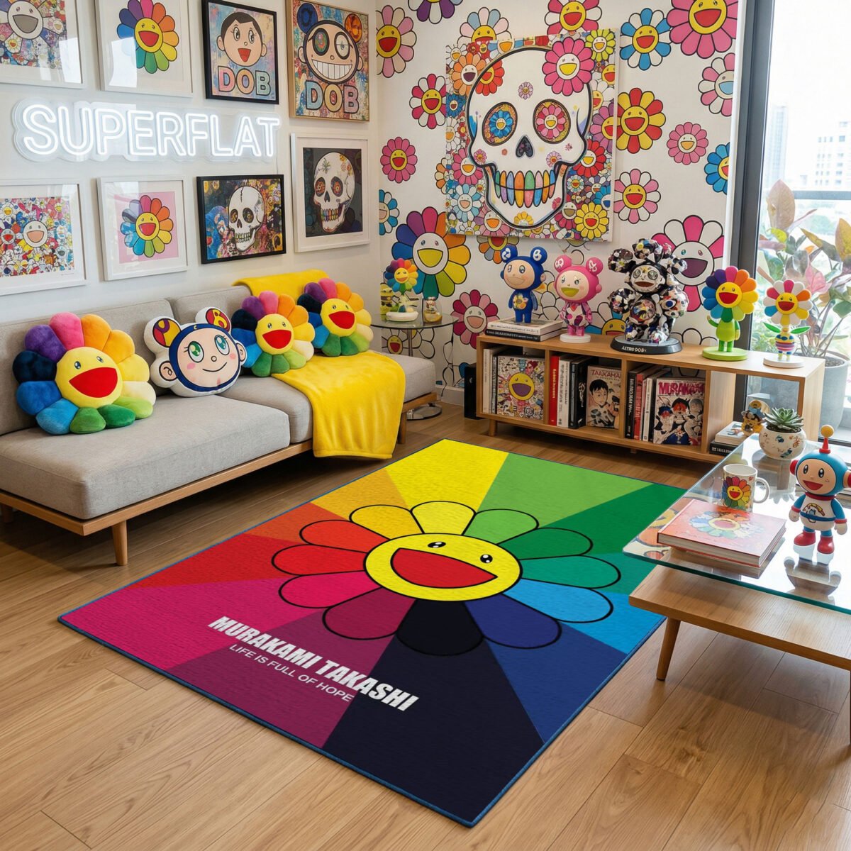 Takashi Murakami Inspired Rainbow Burst Flower Rug - "Life Is Full Of Hope" Art, Modern Pop Art Bedroom Decor, Non-Slip Soft Floor Mat - Image 3